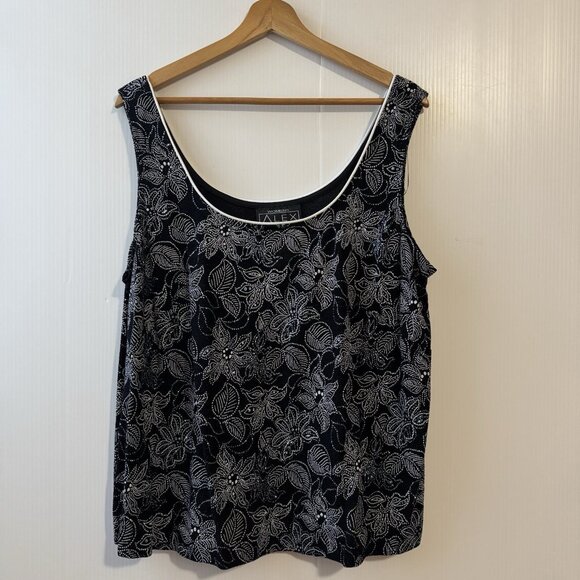 VTG Alex Evenings 2 Piece Set 2X Black White Lignt Blue Floral Sparkle JacketTop - Picture 7 of 16